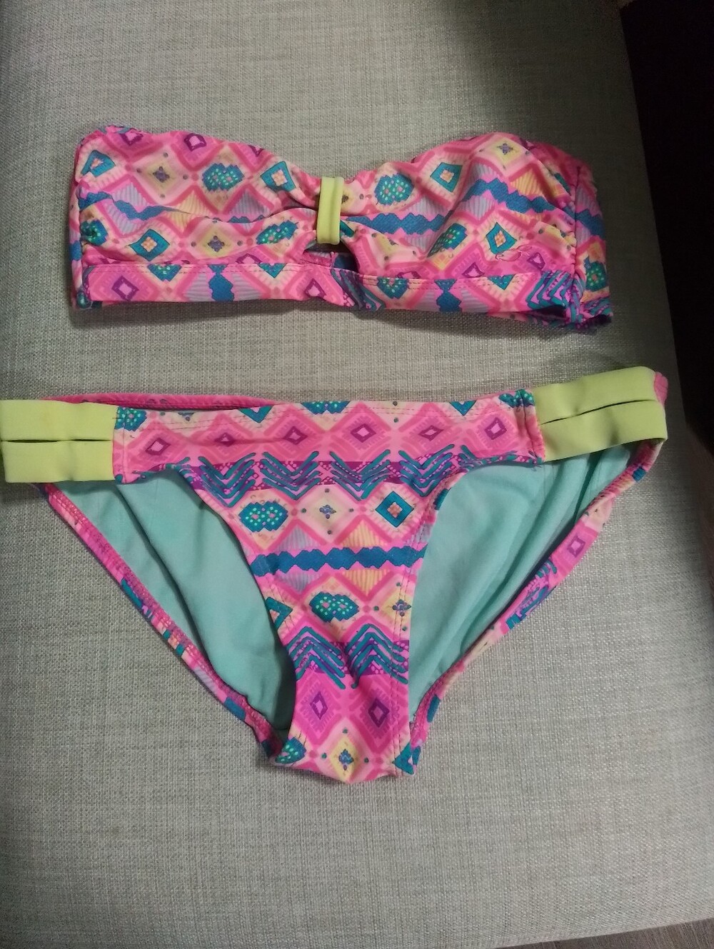 Ocean Pacific  Pink Aztec Print Bandeau Bikini Set with Lime Accents